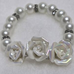White Pearl Stretch Bracelet with Rose Accents - Unbranded